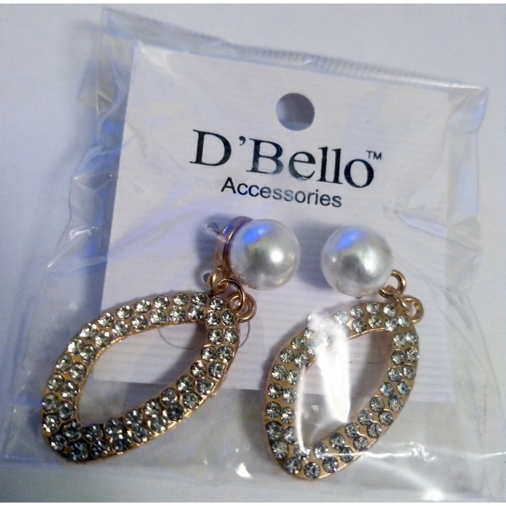 D'Bello Faux Pearl and Rhinestone Oval Drop Earrings Gold Tone Elegant Formal
